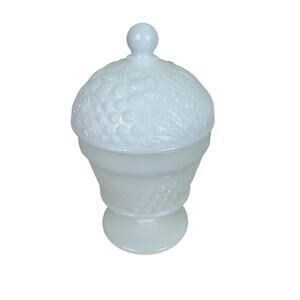 Vintage White Milk Glass Textured Grapes Pattern Footed Candy Dish With Lid